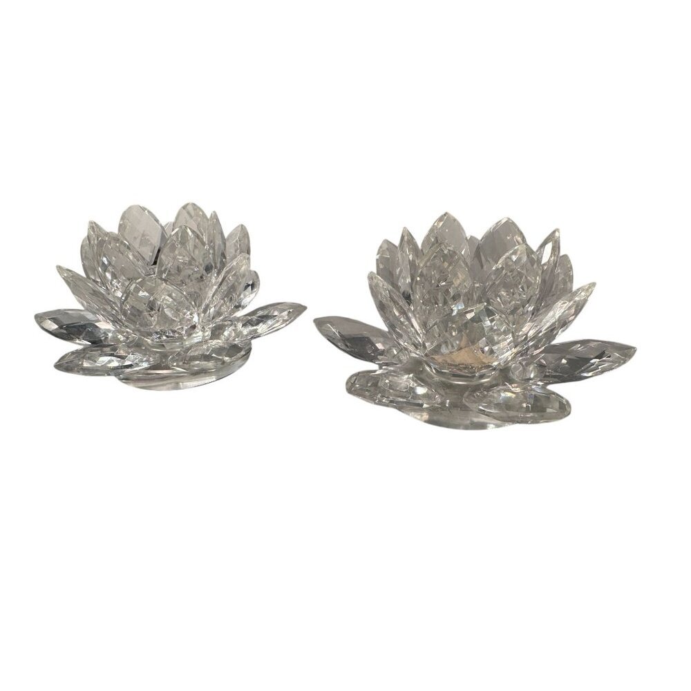 Shannon Crystal Candle Holder Lotus Flower Godinger Ireland Vintage Pair - Picture 5 of 16